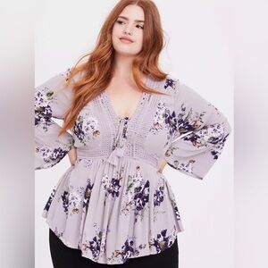 Babydoll Gauze Crochet Trim Lace-Up Top